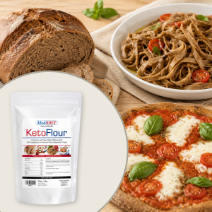 Pane artigianale, pizza e pasta fresca preparati con KetoFlour MediDiet, miscela ad alto contenuto proteico con farina di farro integrale e crusca, ideale per dieta chetogenica e alimentazione low carb.