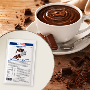 Bustina KetoPronto Hot Chocolate MediDiet, preparato per cioccolata calda proteica a basso contenuto di carboidrati, perfetta per dieta chetogenica VLCK e stile di vita low carb.